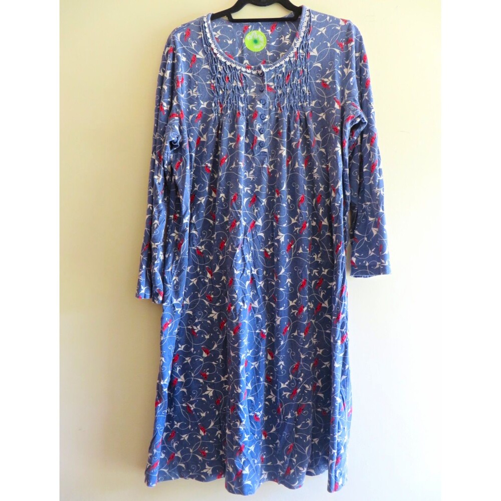 White Lotus Women's Blue Floral Knit Cotton Knee-Length Nightgown